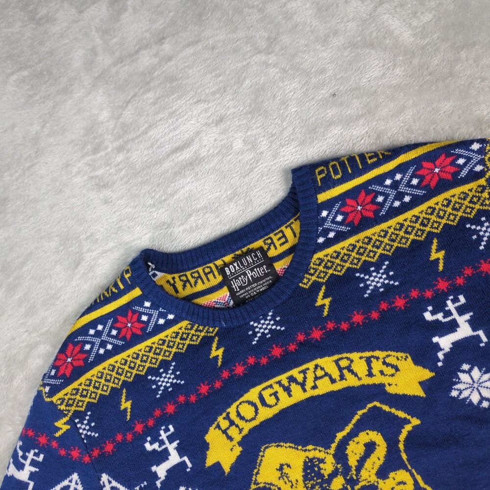 Harry Potter Hogwarts Ugly Christmas Sweater Large BoxLunch Happy Christmas Blue